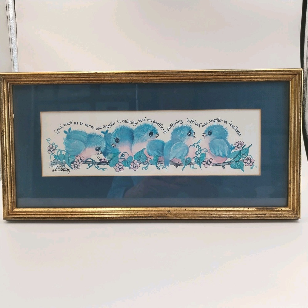 Vintage Frankie Buckley Signed Art Print Bluebirds Lord Teach‎ Us Framed 14"x7"